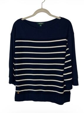 Lauren Ralph Lauren Navy & White Striped Boatneck light weight sweater Sz L